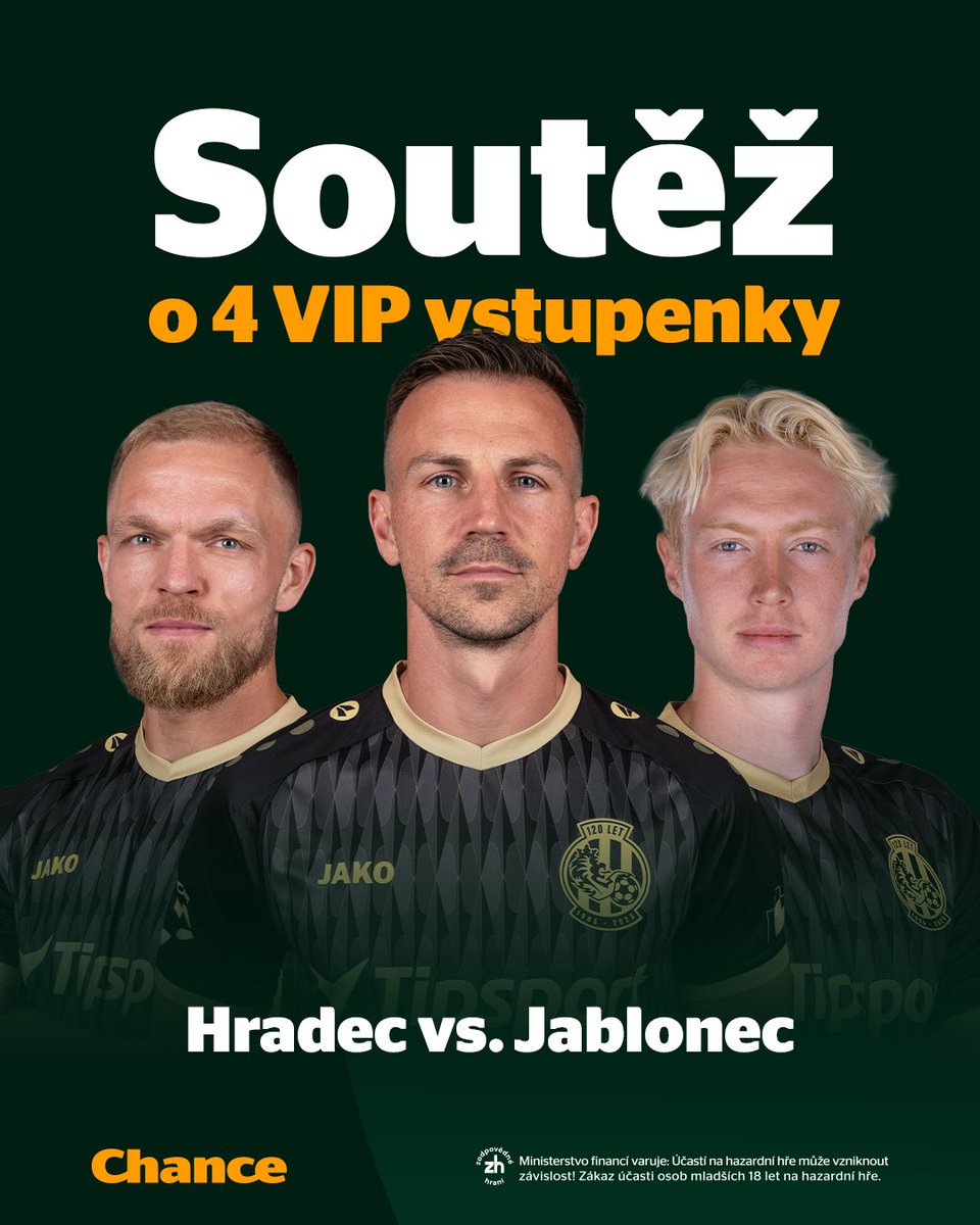Chance_Sazkovka's tweet photo. ⚠️ SOUTĚŽ o 4 VIP vstupenky na utkání Hradec vs. Jablonec (sobota 29.11. od 15:00) ⚽️

PODMÍNKY:
✅ Sleduj naše sociální sítě @Chance_Sazkovka 
✅ Retweetni tento příspěvek
✅ Lajkni tento příspěvek

🟠 Soutěž končí v pátek 28.11. v 10:00
🟠 Vylosujeme celkem 2 výherce, každý dostane po dvou vstupenkách
🟠 Účastnit se mohou jen osoby starší 18 let
🟠 Účastí v soutěži nedochází ke zpracování osobních údajů soutěžících, výherce bude individuálně kontaktován ve zprávách za účelem způsobu doručení výhry

#chance | #chancesoutez