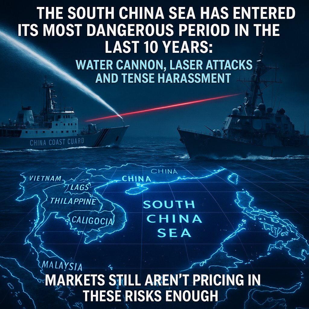 VOIDRNETWORK's tweet image. The South China Sea has entered its most dangerous period in the last 10 years: water cannon, laser attacks and tense harassment.
Markets still aren&apos;t pricing in these risks enough.
#Geopolitics #BRICS #DeDollarization #MultipolarWorld #USDollar #GlobalPowerShift #NewWorldOrder…