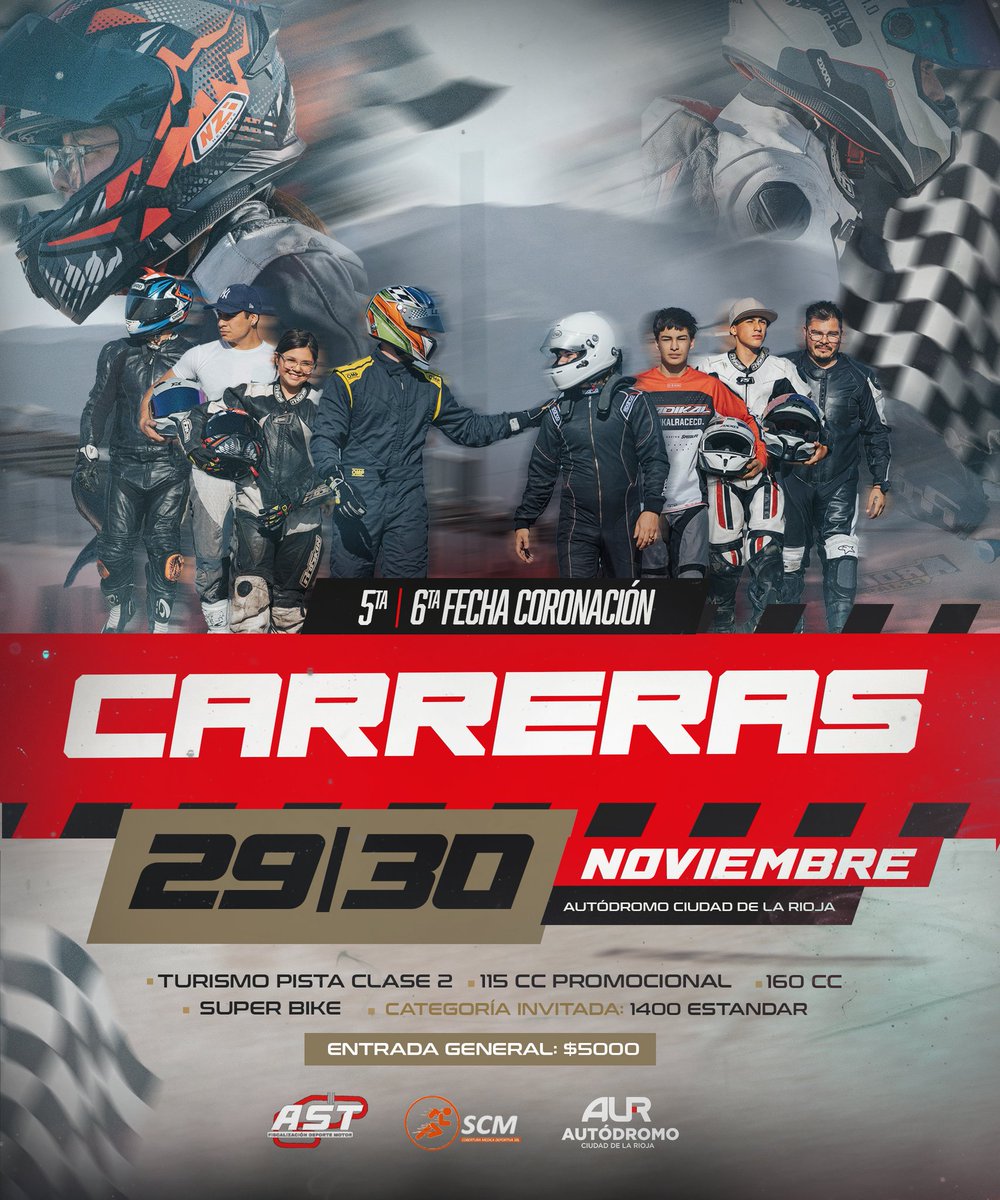 💥🏁 Preparate para vivir un gran fin de semana. 

🏍️🚘 Este 29 y 30 de noviembre nuestro Autódromo se llenará de adrenalina.

🙌🏼 Viviremos las 5ta. y 6ta. fecha coronación de las carreras de autos y motos.

🎫 Entrada general $5.000

¡Las y los esperamos!