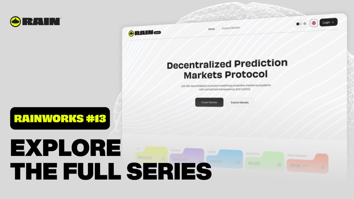 Rain__Protocol's tweet image. RAINWORKS #13: Explore the Full serious.

Twelve chapters, one protocol, and an entire journey into the heart of Rain.

From opening your first account, to trading, launching public or private markets, claiming rewards, resolving disputes - and finally, understanding what makes…
