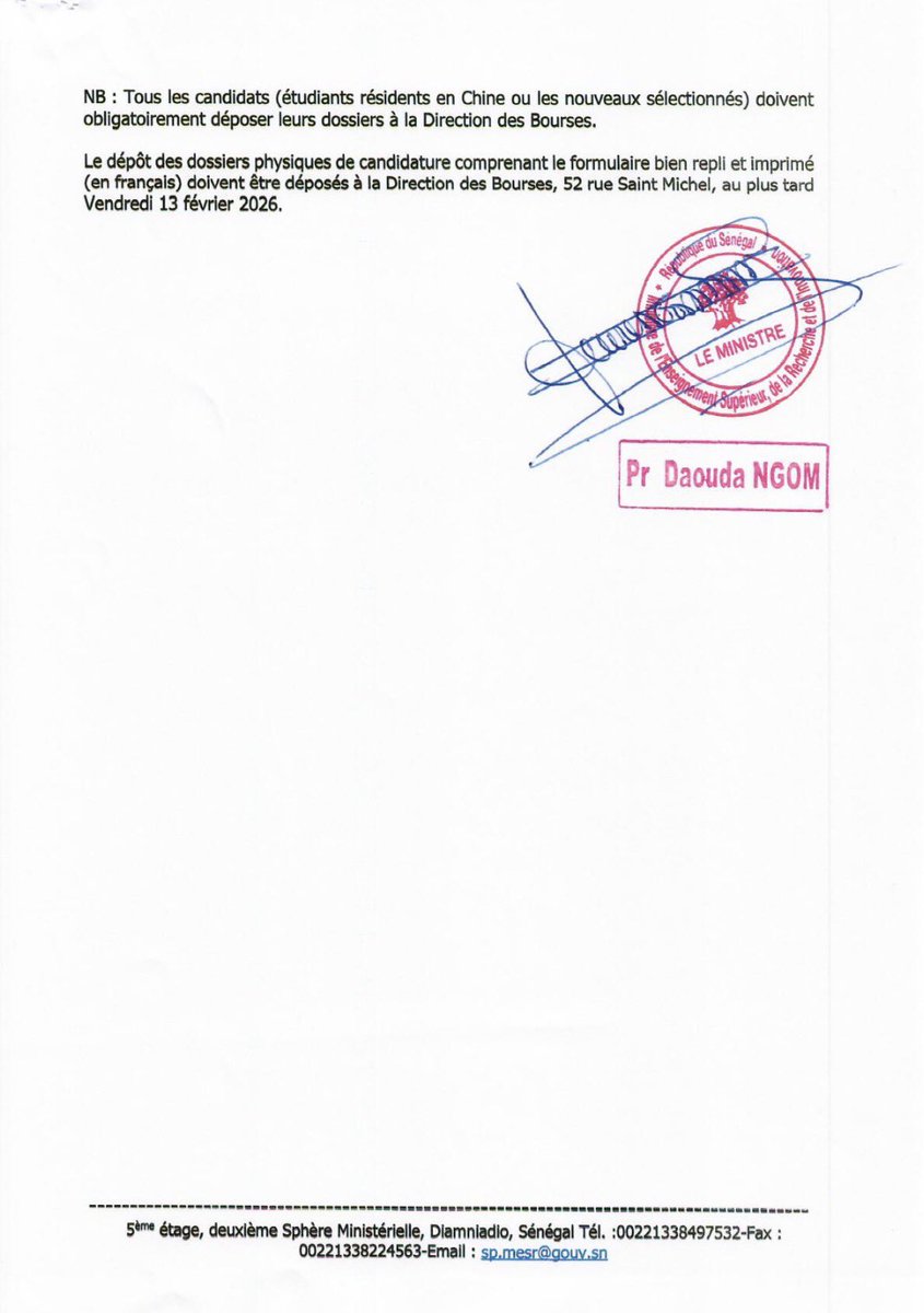 Le Gouvernement de la République Populaire de Chine offre au Gouvernement du Sénégal 60 bourses d’études pour l’année universitaire 2026/2027.

#mesri #Bourses #Bourses2026