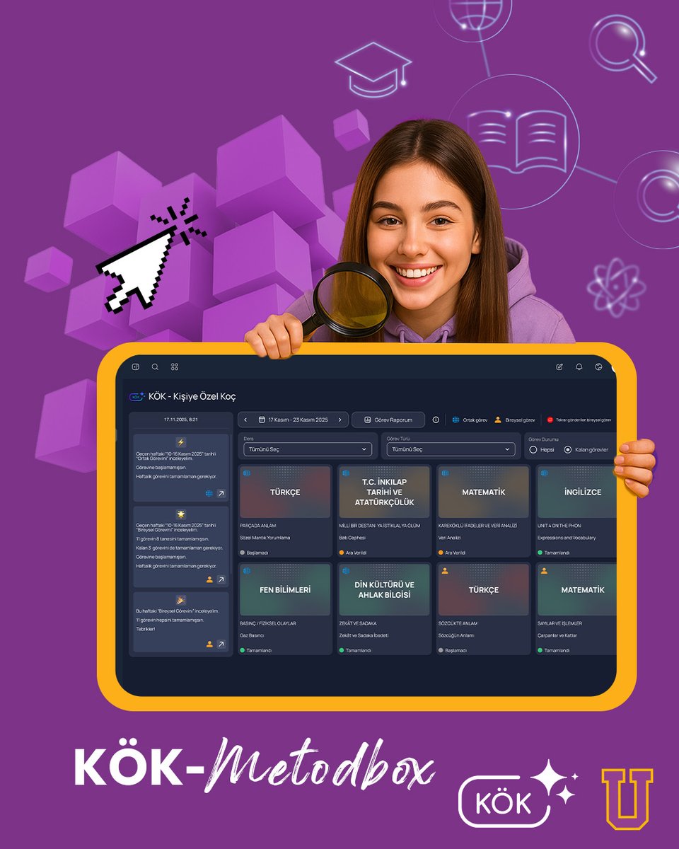 Uğur Okullarında kişiselleştirilmiş öğrenme deneyimi bir adım ileri taşındı!

Metodbox’a eklenen KÖK – Kişiye Özel Koç uygulaması ile artık her öğrencinin öğrenme yolculuğu tamamen kendine özgü.

KÖK sayesinde;
• Öğrencinin eksik alanları analiz ediliyor,
• İhtiyacına göre