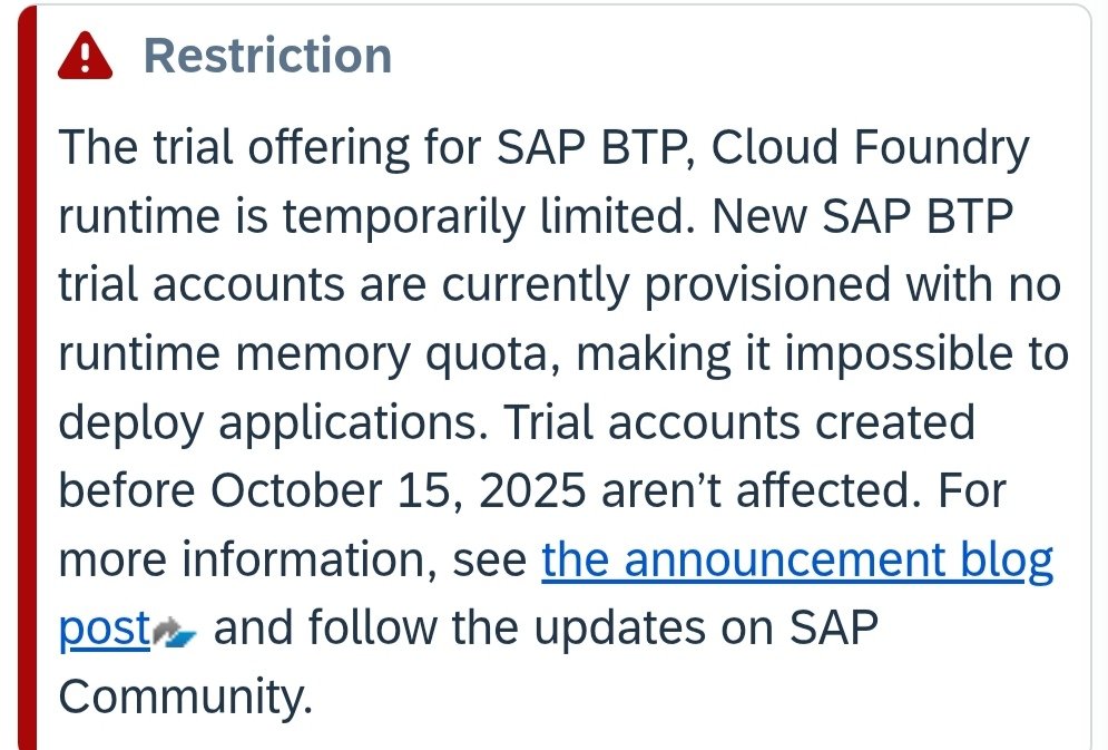 Sinem1cicek's tweet image. SAP, the &quot;runtime memory quota&quot; restriction on #SAP BTP Cloud Foundry trial accounts (post-Oct 15, 2025) makes app deployment impossible.

Our learning is blocked. Please remove this restriction @SAP

#SAPBTP #CloudFoundry