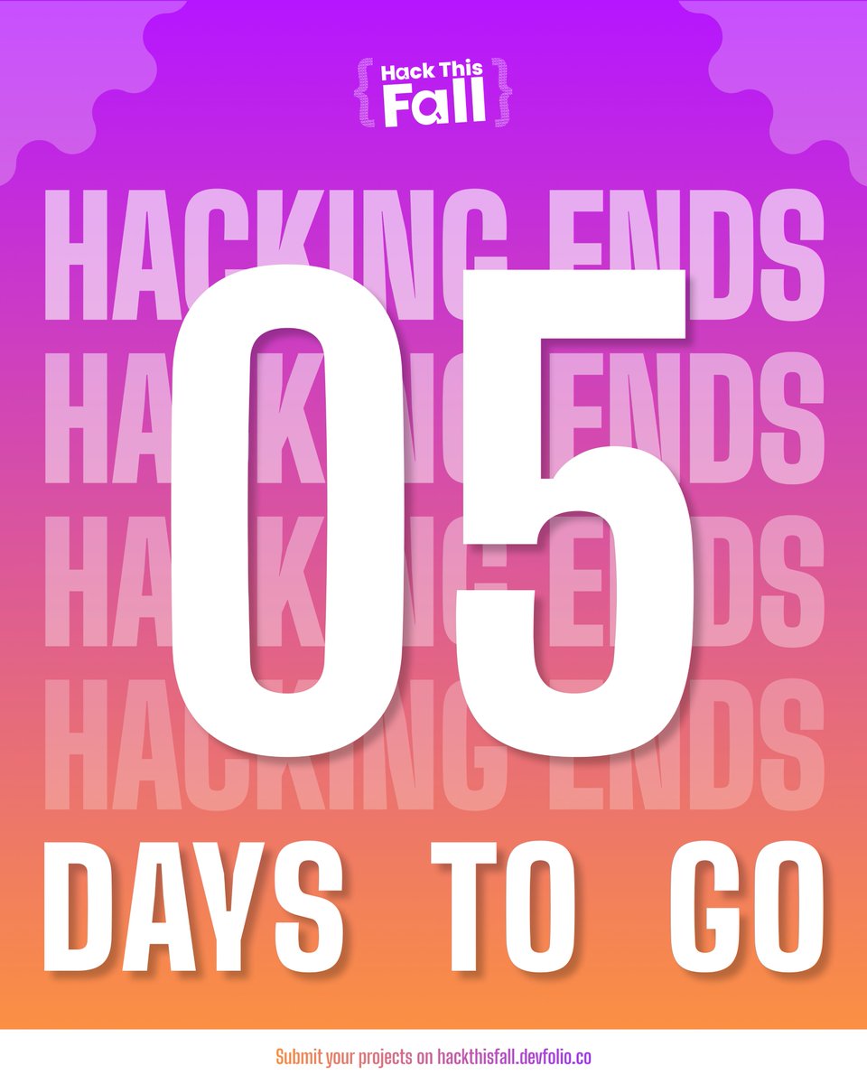 hackthisfall's tweet image. 🚀 5 DAYS TO GO! ⏳

The final stretch is here: polish your project, refine your demo, and bring your best to the finish line. 🔥

Let’s make these last 5 days count! 💪

🔗 Submit your projects @ hackthisfall.devfolio.co 
💌 Top teams invited to IRL Hacker House in Blr…