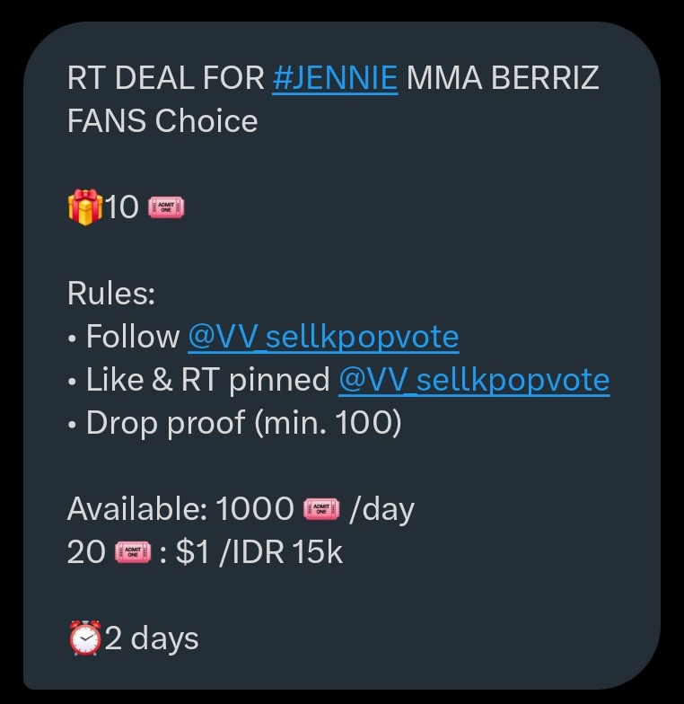 JennieFundsID's tweet image. RT DEAL FOR #JENNIE 
BERRIZ - GLOBAL FANS&apos; CHOICE MMA 2025

🏅 10 votes

Rules:
✿ Follow @VV_sellkpopvote 
✿ Like &amp;amp; RT @VV_sellkpopvote pinned tweet
✿ Drop proof min. 100

⏰️ 2 days
