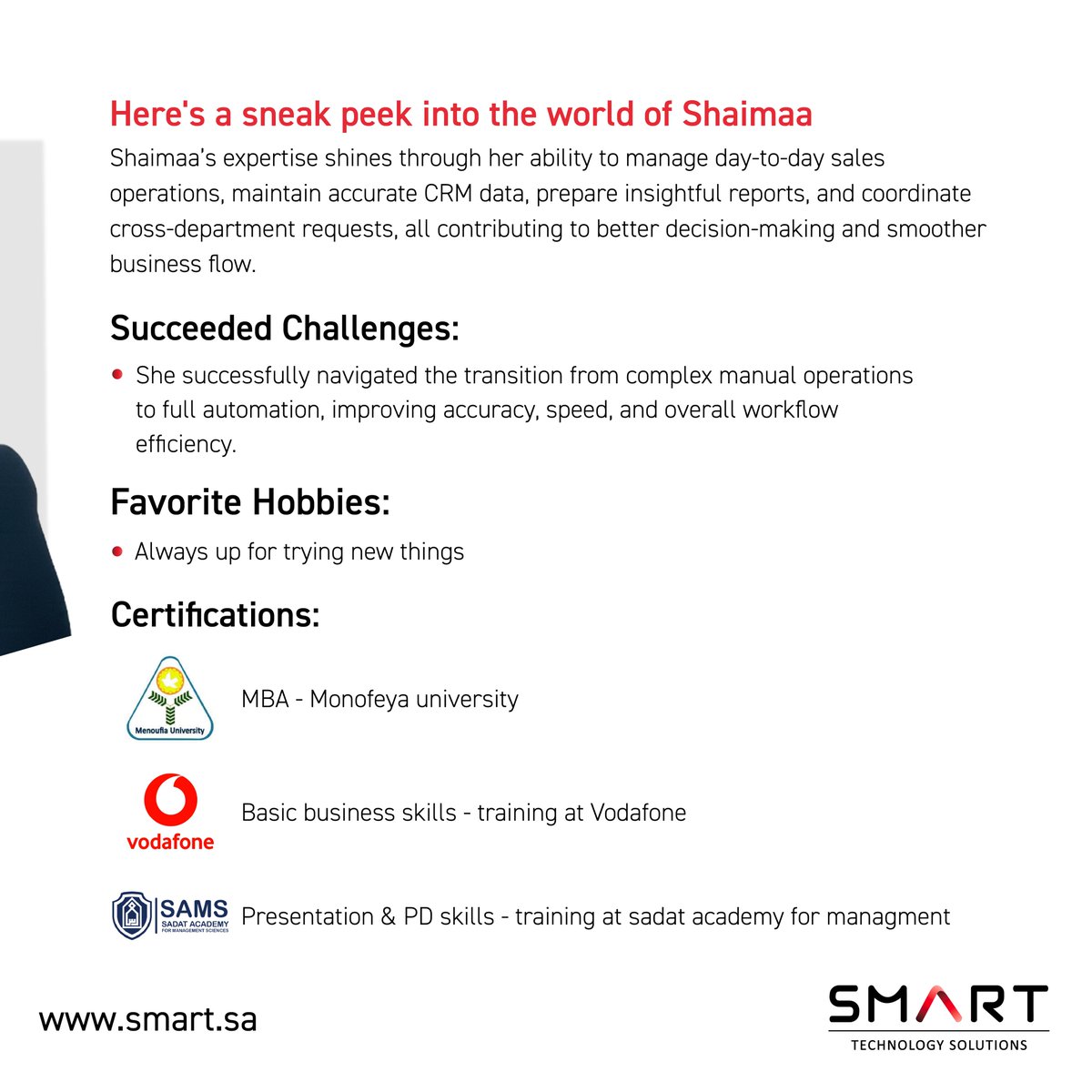 SmartTechSA's tweet image. With passion and precision, Shaimaa turns every challenge into progress 🌟

#SMART #ourSmartie #meet_our_people #smarties_success #SalesOperations
