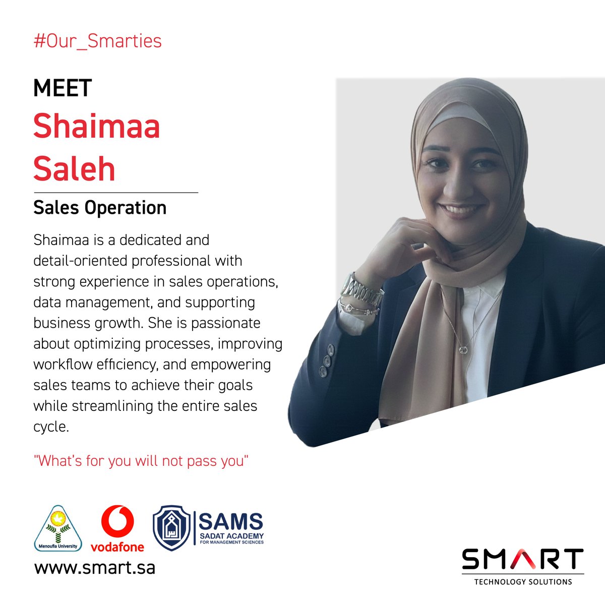 SmartTechSA's tweet image. With passion and precision, Shaimaa turns every challenge into progress 🌟

#SMART #ourSmartie #meet_our_people #smarties_success #SalesOperations
