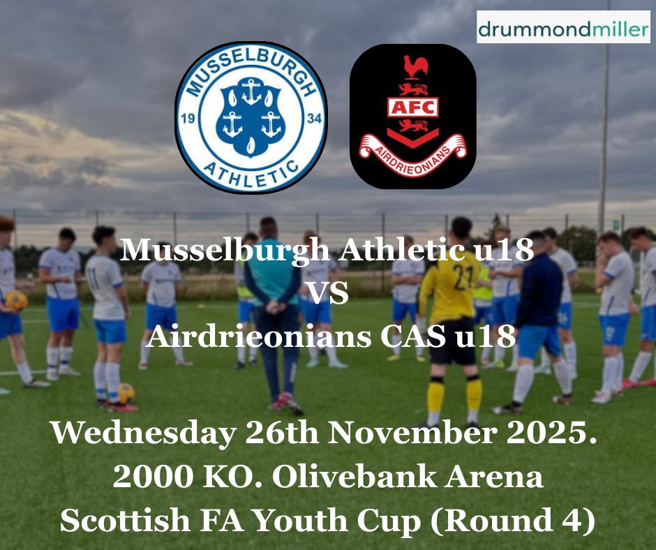After a waterlogged pitch on Sunday postponed this game. Tomorrow evening at Olivebank Arena sees us take on Airdrie for a place in the Quarter Finals of the Scottish FA Youth Cup.  

We hope to see a great crowd out in force to support and back the young lads!!