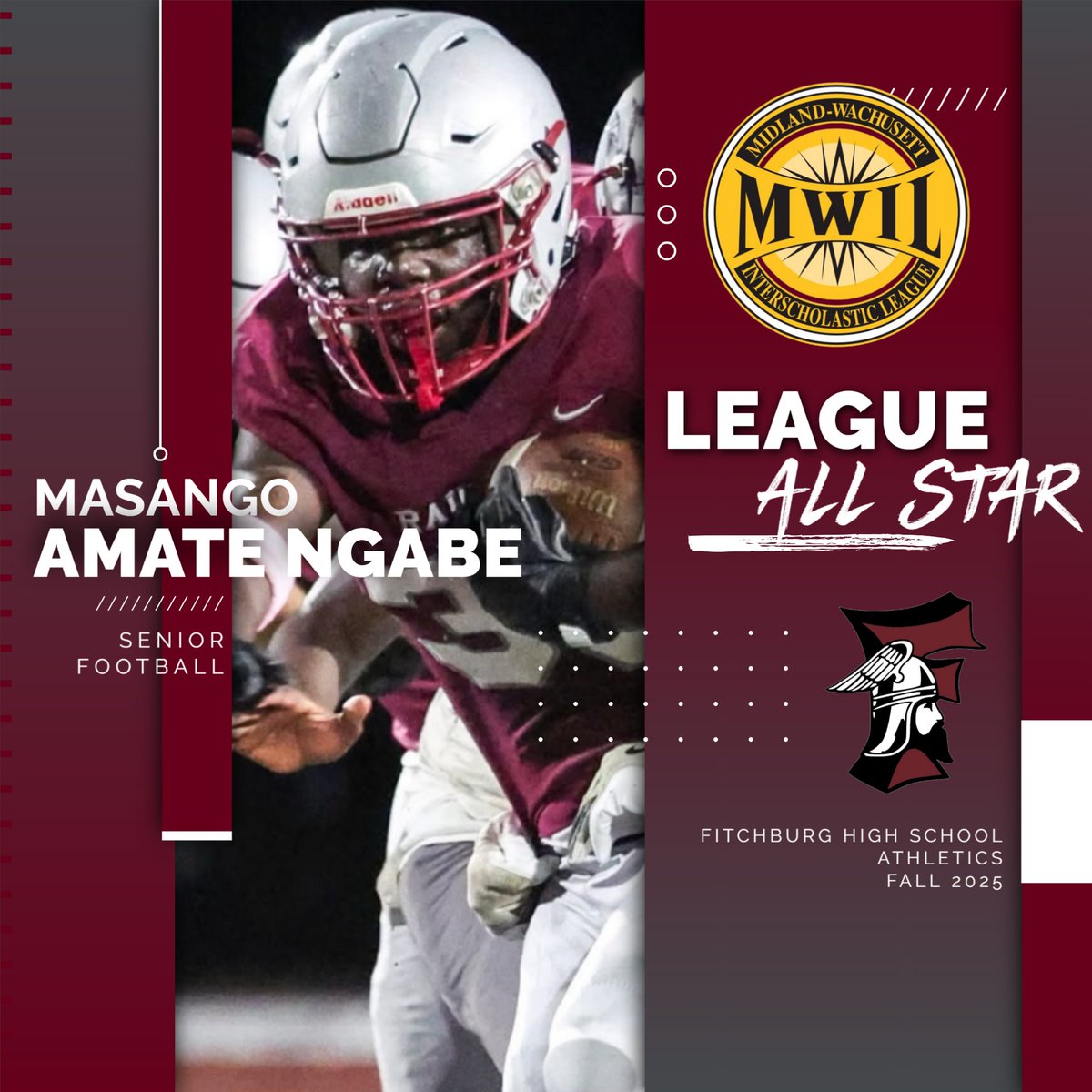 Congratulations🎉 to our Fall 2025 Football🏈Mid-Wach League All-Star: Masango Amate Ngabe '26 #ThreeCheersforTheRedandGray