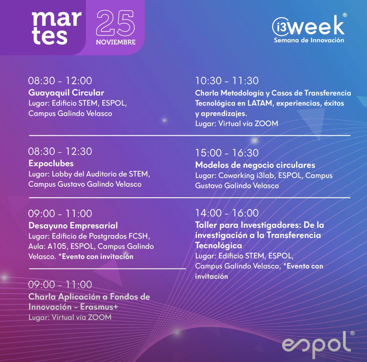 🚀 ¡Arranca #i3Week en la <a href="/espol/">ESPOL</a>!
Del 25 al 28 de noviembre vivimos la Semana de Innovación con más de 20 actividades que conectan a expertos, investigadores, docentes y estudiantes en temas clave.

Consulta la agenda completa en:
i3lab.org/i3week
#juntoscreamosvalor