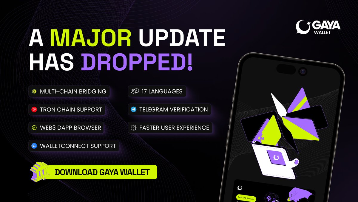 A major upgrade just landed, and it changes everything for Gaya Wallet  users 👀 Bridging across chains, TRON support, a Web3 browser, Telegram  verification, and a smoother experience across the board. Your
