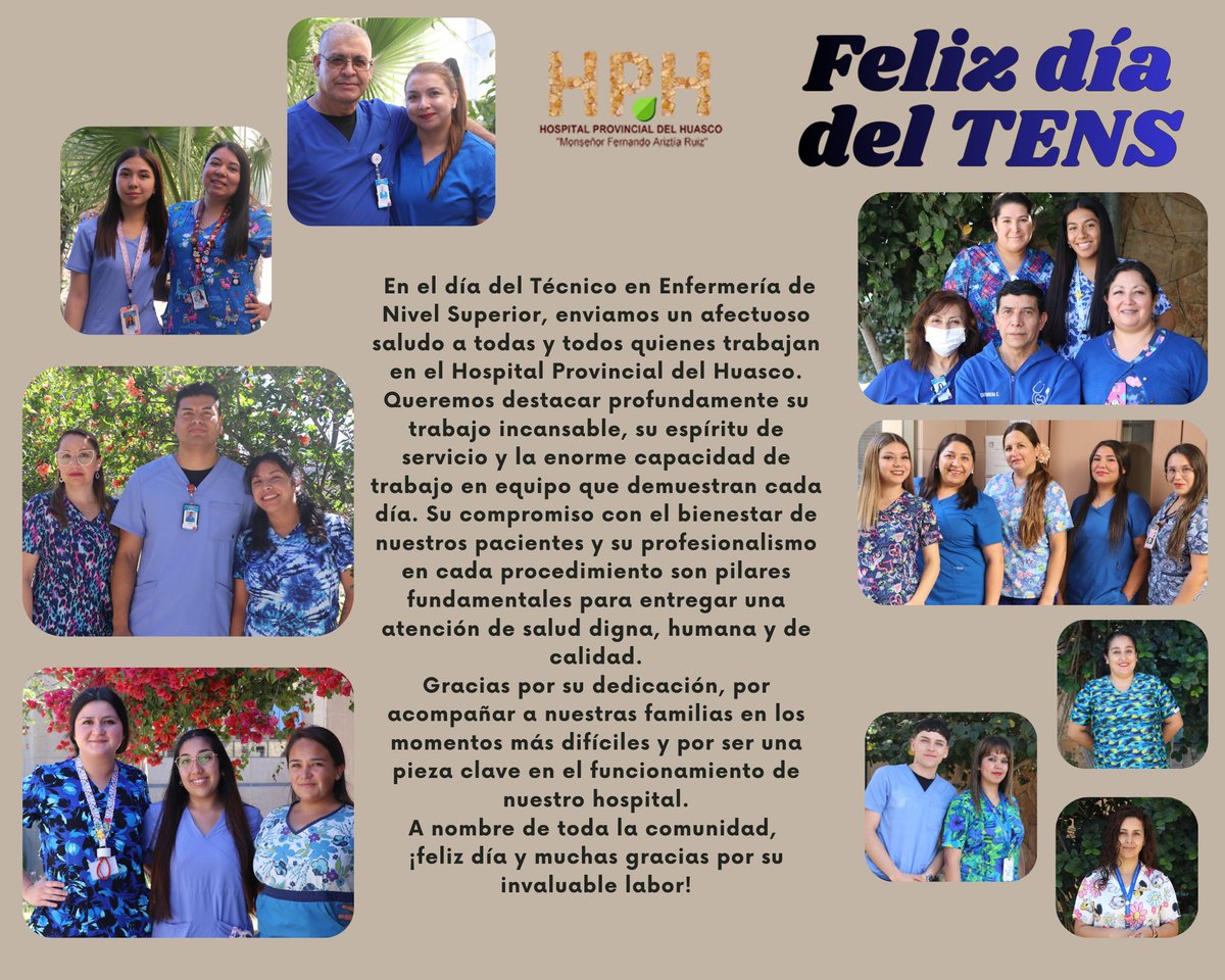 Hoy saludamos con orgullo a las y los Técnicos en Enfermería de Nivel Superior(TENS) del Hospital Provincial del Huasco.
Su compromiso, profesionalismo y trabajo en equipo son fundamentales para brindar una atención de salud humana, segura y de calidad a nuestra comunidad