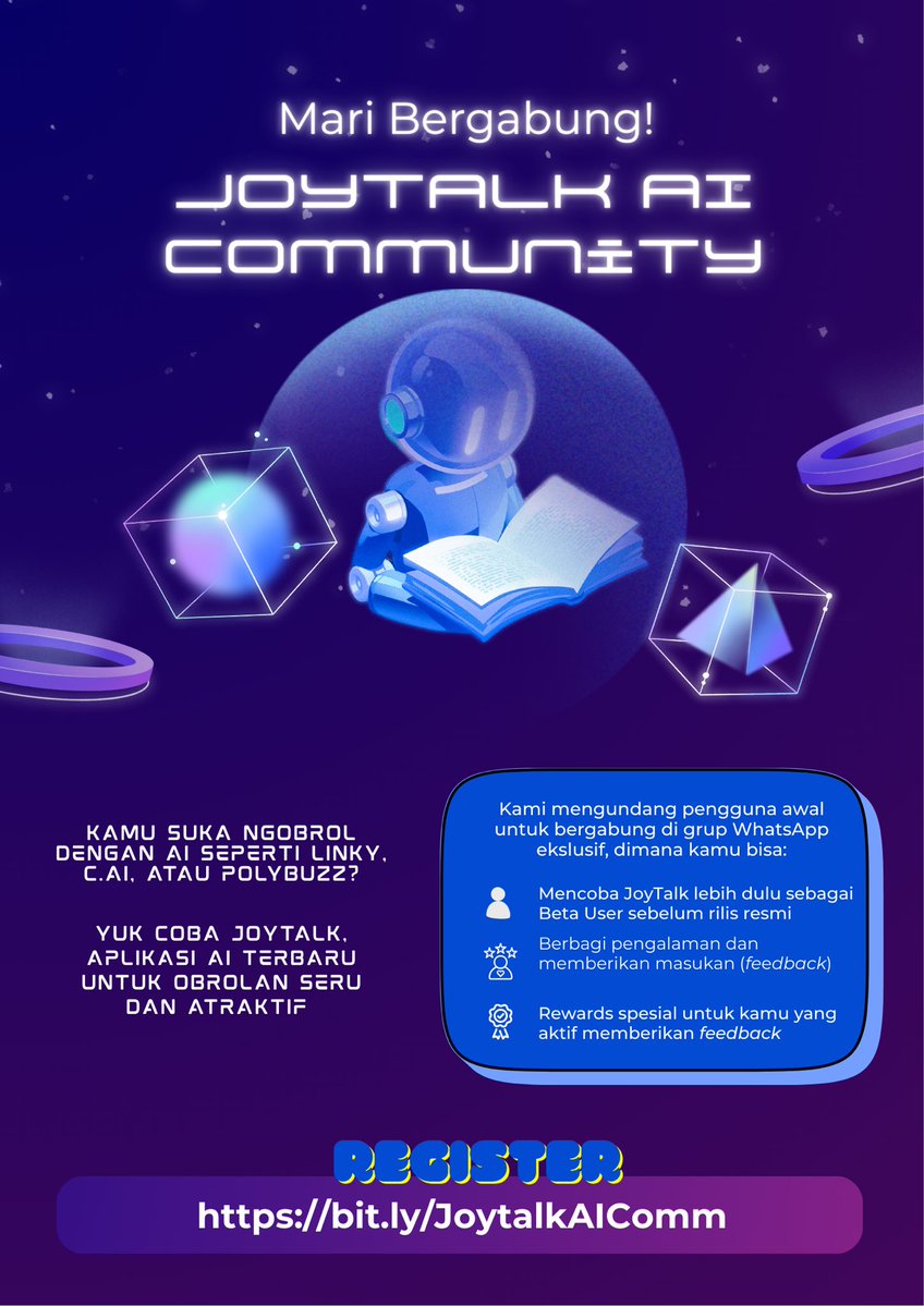 riskaaghnatia's tweet image. Halo! Kamu suka ngobrol dgn AI seperti Polybuzz atau c.ai? Yuk cobain utk jadi Beta User Joytalk scr eksklusif. Benefit: 
- Nyobain app sebelum rilis
- Ada reward saldo e-wallet utk setiap testing
Klik tautan di bawah ini utk registrasi:
bit.ly/JoytalkAIComm