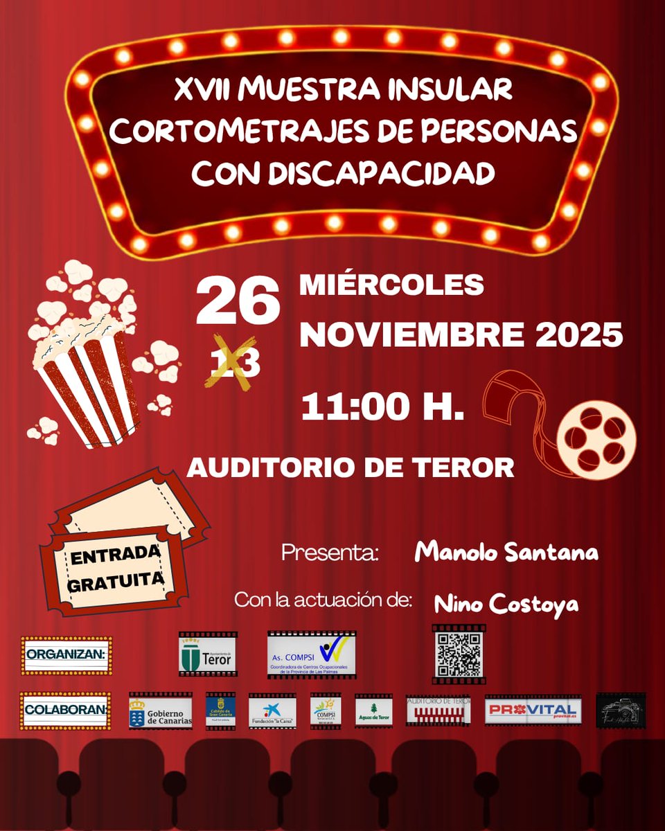 AytoTeror's tweet image. 🎥 La 17ª edición de la «Muestra Insular de Cortometrajes de Personas con Discapacidad», se celebra este miércoles 26 de noviembre, en el Auditorio de Teror a las 11:00 h.
#teror #teroressocial #Compsi @as_compsi
teror.es/la-muestra-de-…