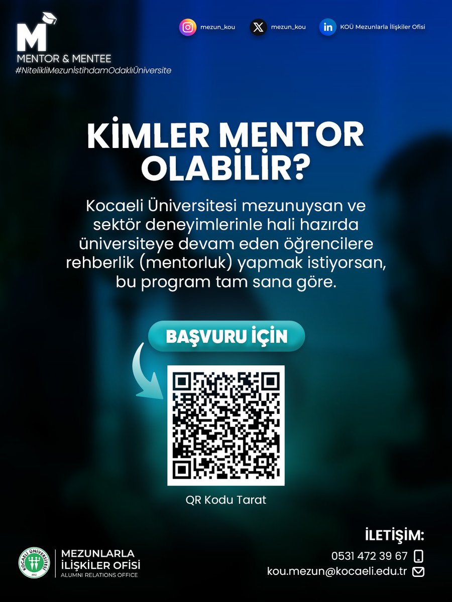 mezun_kou's tweet image. 🎓🎓 Sen de #Mentor olup sektör deneyimlerini öğrencilerimize aktarmak istiyorsan bu program tam sana göre... 

👉 QR Kodu tarat, başvurunu tamamla...

⏳️ Mentor Son Başvuru Tarihi: 13.02.2026

Başvuru: forms.gle/VYeex3Bi1zKGJt…