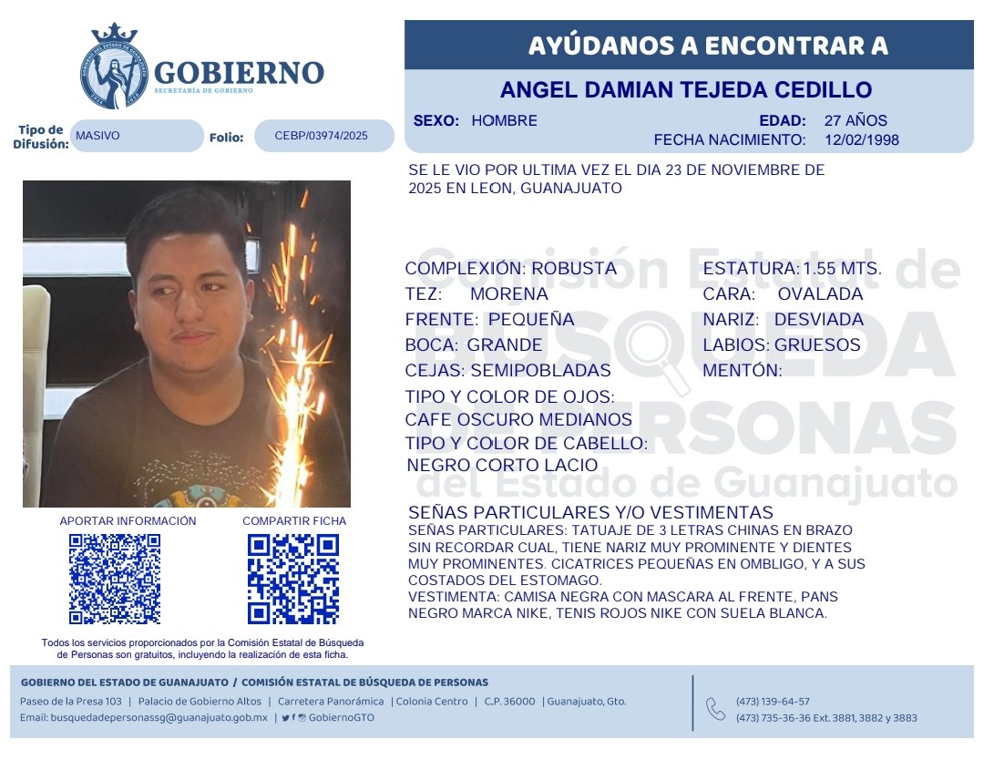 BusquedaGto's tweet image. 🔍👤 ¿Lo has visto?
Tu apoyo puede marcar la diferencia. 
Si tienes algún dato que ayude a localizar a Ángel Damián Tejeda Cedillo, compártelo con nosotros. Cada información suma. 
📞 473 735 3636 ext. 3881 | 473 139 6457.
#BúsquedasGto 🚨