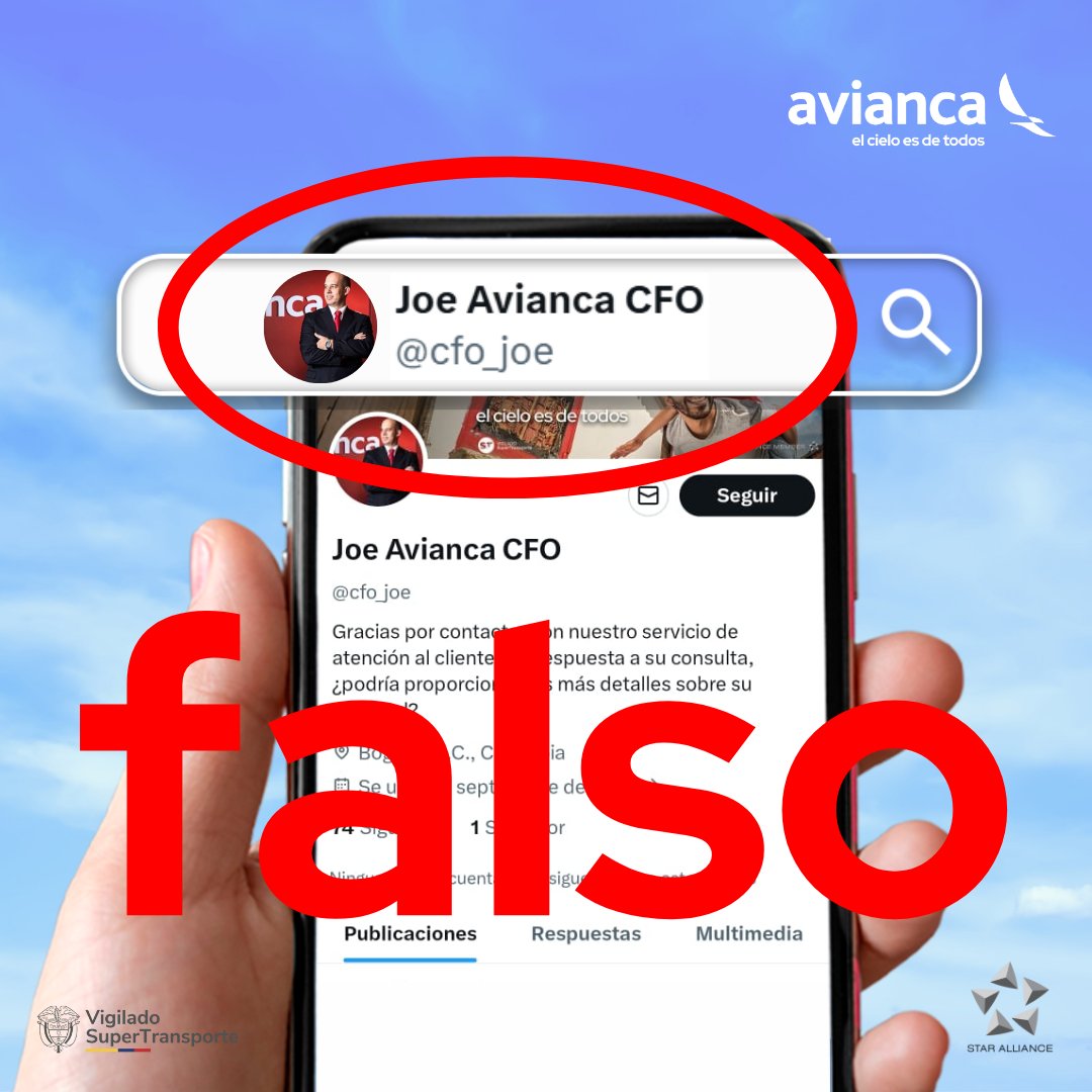 aviancateguia's tweet image. Jonatan, esa cuenta que te escribió es #FALSA. 😳 Está suplantando nuestras redes sociales para estafar y obtener datos personales de los pasajeros. Los únicos canales oficiales para guiarte son @avianca y @aviancateguia, identifícalos con el sello azul de cuenta verificada. Te…
