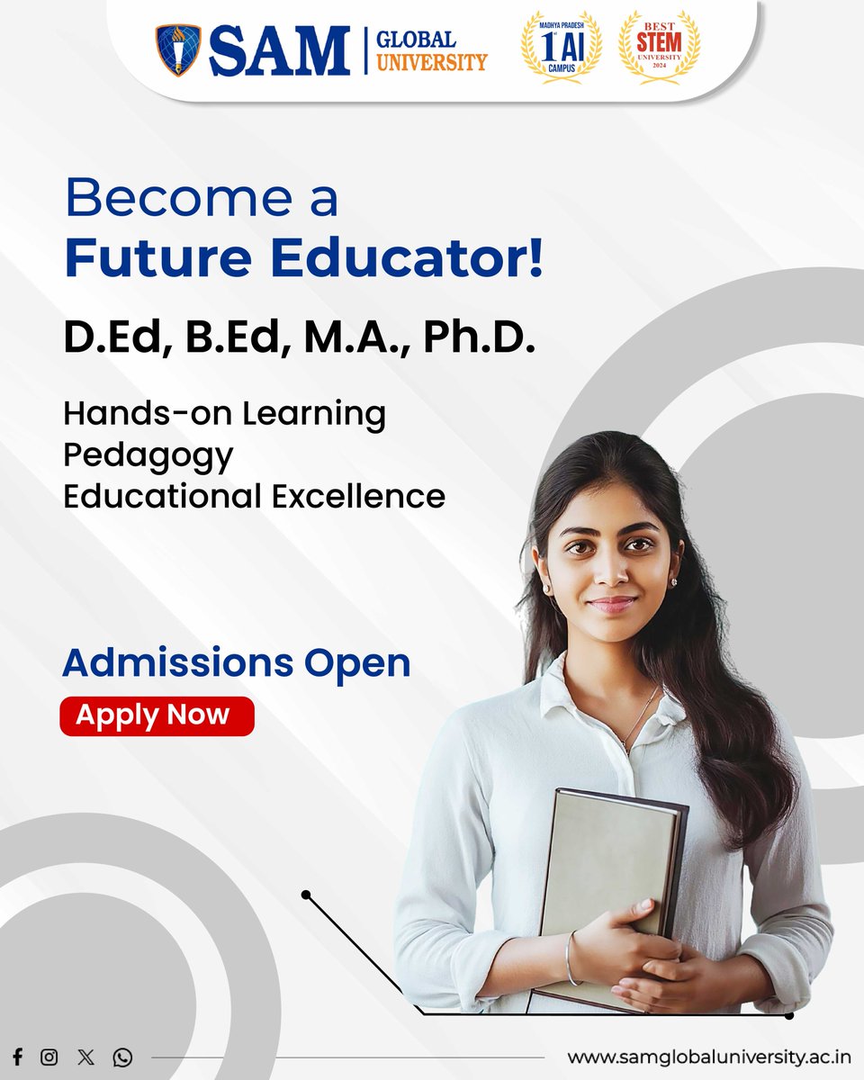 samglobalunibpl's tweet image. Shape the Educators of Tomorrow!

At SAM Global University – School of Education, gain modern teaching skills, research expertise &amp;amp; hands-on classroom experience with D.Ed, B.Ed, M.A., and Ph.D. programs. 

#SAMGlobalUniversity #SchoolOfEducation #FutureEducators #TeachingCareers