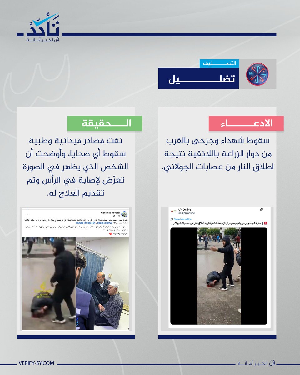 نفت مصادر ميدانية وطبية سقوط أي ضحايا خلال المظاهرات التي شهدتها عدة مناطق في سوريا اليوم الثلاثاء 25 تشرين الثاني/نوفمبر، وأوضحت أن الشخص الذي ظهر في اللقطات المتداولة تعرّض لإصابة في الرأس خلال إحدى المظاهرات التي خرجت في اللاذقية وتم تقديم العلاج له.

وقال مراسلنا في مدينة