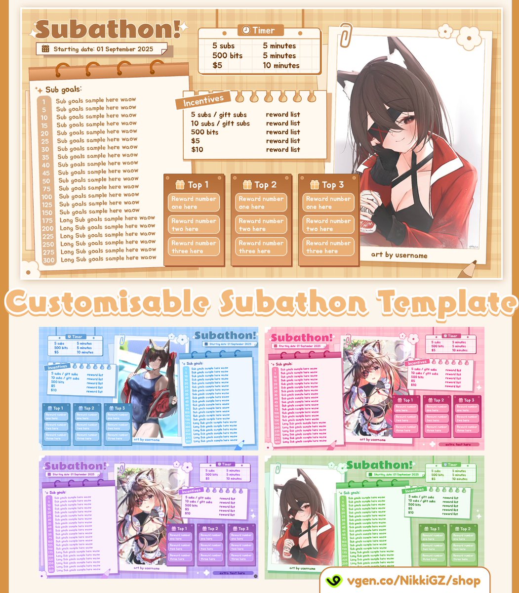NikkiGZ0's tweet image. Customisable Subathon Template! 

✨ Layout and textbox are customisable
✨ Text and font too 
✨ Include multiple colours wao!