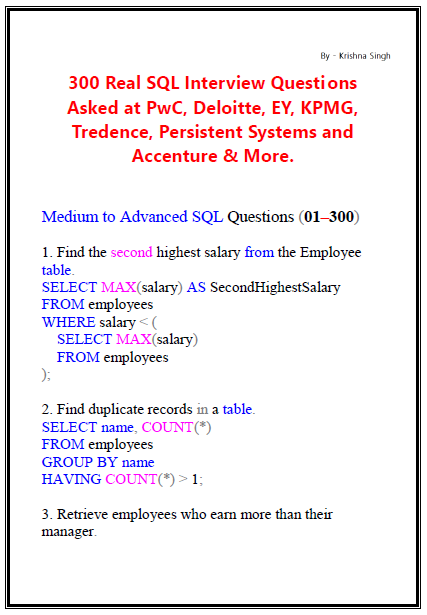 dkare1009's tweet photo. 300 Real SQL Interview Questions with Solutions

Asked at PwC, Deloitte, EY, KPMG, Tredence, Persistent Systems and Accenture &amp; More.

To get it FREE 👇

 Like &amp; Repost
 Comment “SQL”
 Follow (must) so I can DM you the PDF https://t.co/tHG51AmAPc
