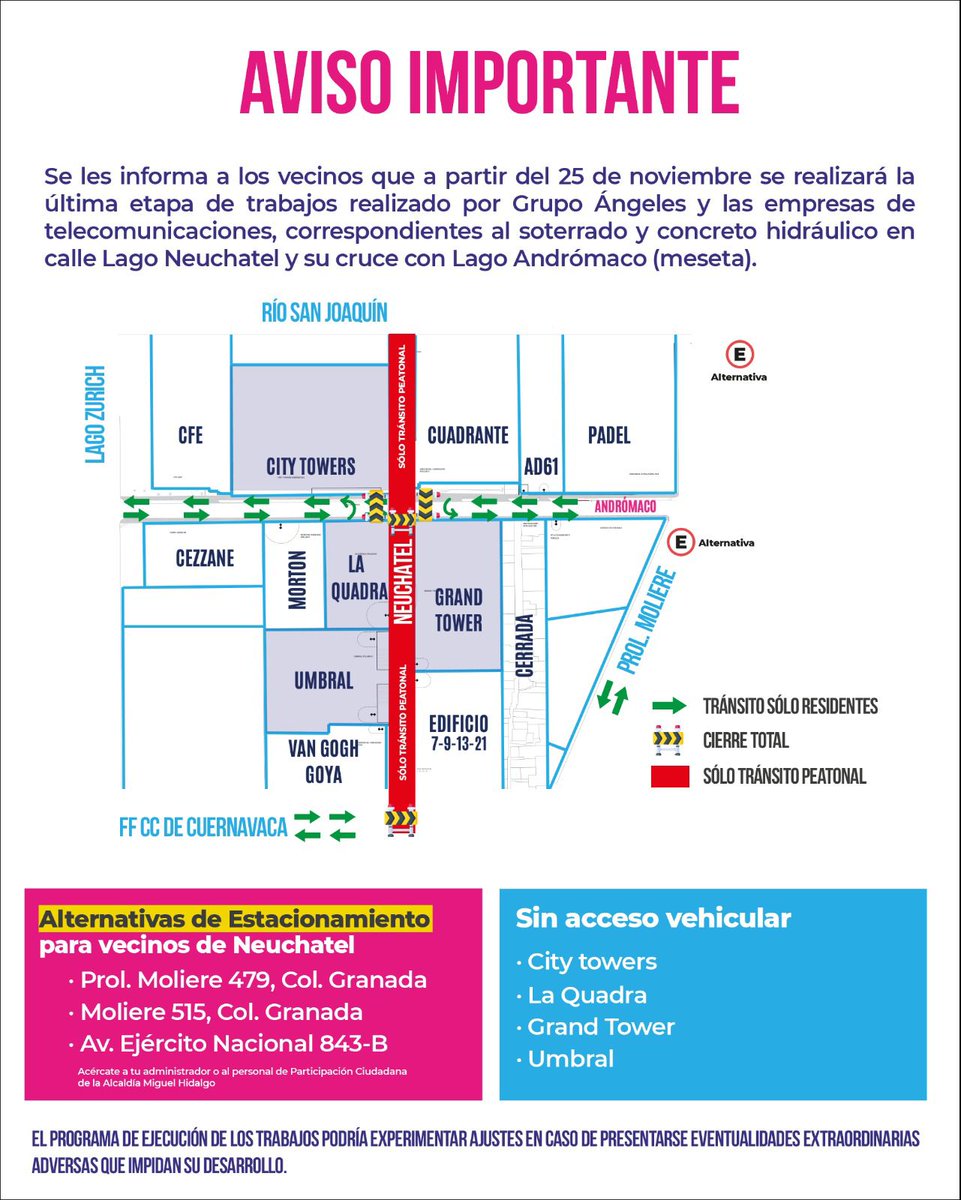 📢📢📢📢📢 Vecin@s 
Recuerda hoy se cierra a las 10 a.m. Lago Neuchatel por obras 7 semanas 
No habrá salida e ingreso vehicular 
Umbral Polanco 
La Quadra 
Gran Tower 
City Tower 
Toma tus precauciones 
#Granadas