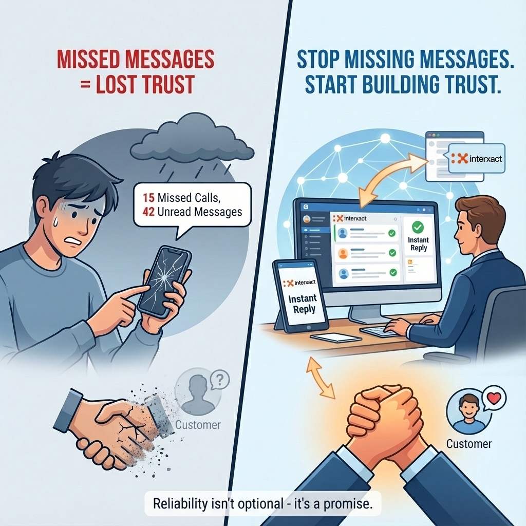 Interxact_com's tweet photo. Missed messages = lost trust.

Every unanswered message hurts customer relationships.
With real-time replies, smart routing, and unified channels, brands can stop missing customers - and start building trust.

Reliability isn’t optional. It’s a promise.
#BusinessCommunicationce https://t.co/4hsTqQYi6w