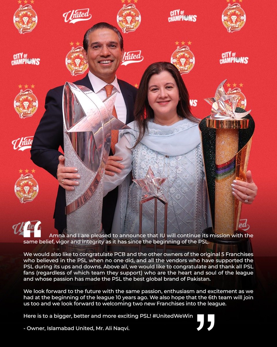 AliNaqvi808's tweet photo. Amna and I are pleased to announce that IU will continue its mission with the same belief, vigor and integrity as it has since the beggining of the PSL. 

We would also like to congratulate PCB and the other owners of the original 5 Franchises who believed in the PSL when no one did, and all the vendors who have supported the PSL during its ups and downs. Above all, we would like to congratulate and thank all  PSL fans (regardless of which team they support) who are the heart and soul of the league and whose passion has made the PSL the best global brand of Pakistan. 

We look forward to the future with the same passion, enthusiasm and excitement as we had at the beginning of the league 10 years ago. We also hope that the 6th team will join us too and we look forward to welcoming two new Franchises into the league.

Here is to a bigger, better and more exciting PSL! 

#UnitedWeWin #Sherus @thePSLt20