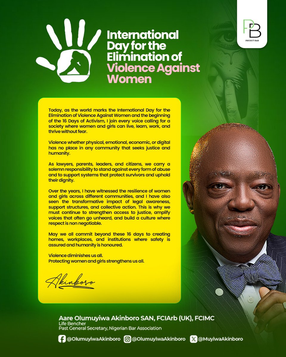 Today, as the world marks the International Day for the Elimination of Violence Against Women and the beginning of the 16 Days of Activism, I join every voice calling for a society where women and girls can live, learn, work, and thrive without fear.

Violence whether physical,