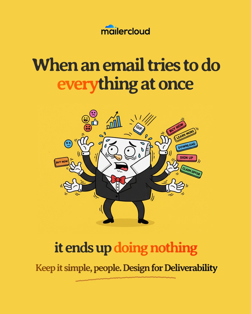 mailercloud's tweet image. When an email tries to do everything at once… it does nothing. 🚫

Too many CTAs, GIFs, and distractions only confuse your audience — and hurt your deliverability.
Keep it simple. Focused. Relevant.