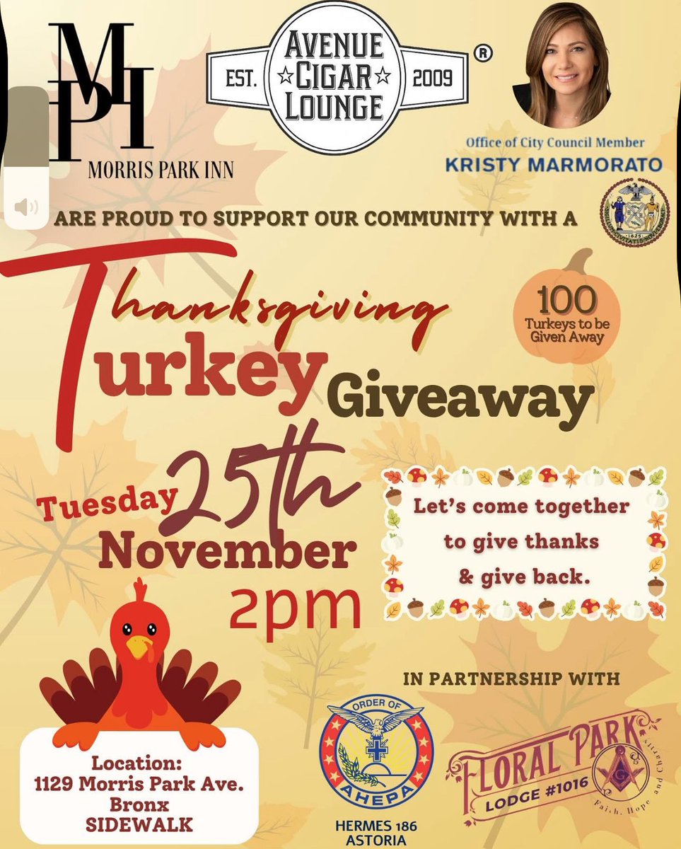🦃 TODAY 🦃 Thanksgiving turkey giveaway at 1129 #MorrisPark Avenue, 2pm 🦃 Thanks to Councilwoman @kristymarmorato and to all local businesses @morrisparkinn @avenuecigarlounge supporting the event! 🦃