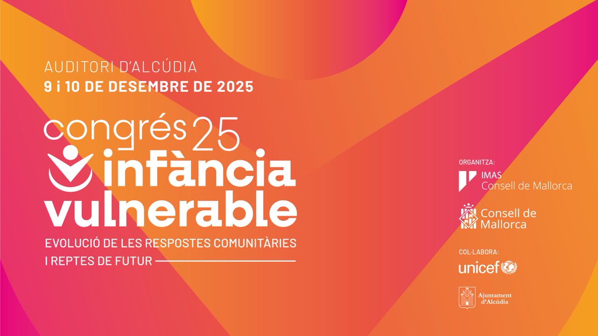 imasmallorca's tweet image. 📢 Encara sou a temps d’apuntar-vos al Congrés d’Infància Vulnerable: evolució de les respostes comunitàries i reptes de futur. 

🎯 Les persones inscrites també podeu presentar comunicacions escrites. 

ℹ️ Aquesta i tota la informació relacionada a:  …res-infancia-familia.imasmallorca.net