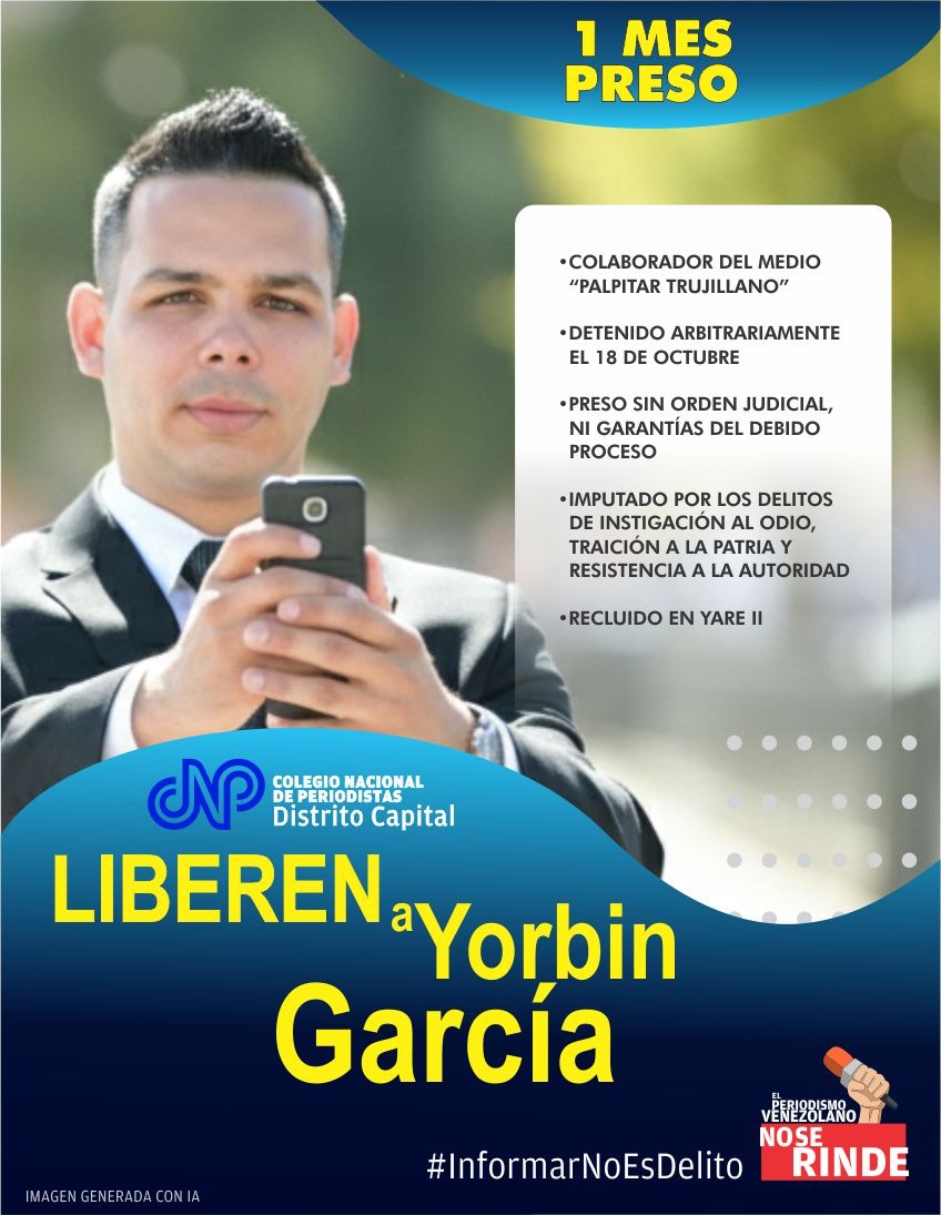 #25Nov Yorbin García cumplió 1 mes detenido arbitrariamente. Lo arrestaron el #18nov en #Isnotú, mientras cubría los actos de la canonización del Dr. José Gregorio Hernández. Exigimos la libertad  de este  colaborador de <a href="/PalpitarT/">Palpitar Trujillano</a>  #InformarNoEsDelito
