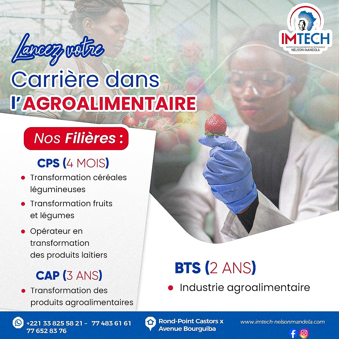 IMTECHdakar's tweet image. 🚀 Lancez votre #carrière dans l’#Agroalimentaire avec IMTECH Nelson Mandela !

Rejoignez des #formations pratiques et orientées #métier pour devenir un acteur clé de la transformation #alimentaire au #Sénégal.

👉 #CPS, #CAP ou #BTS : choisissez la #filière qui correspond à vos…