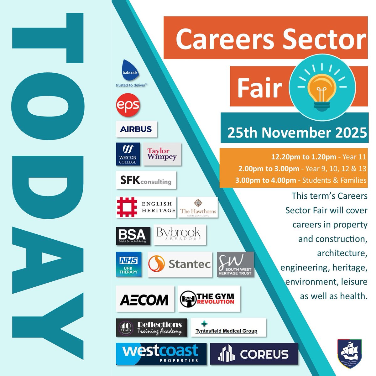 Don't forget our Careers Sector Fair is open this afternoon to all students and families from 3pm - 4pm