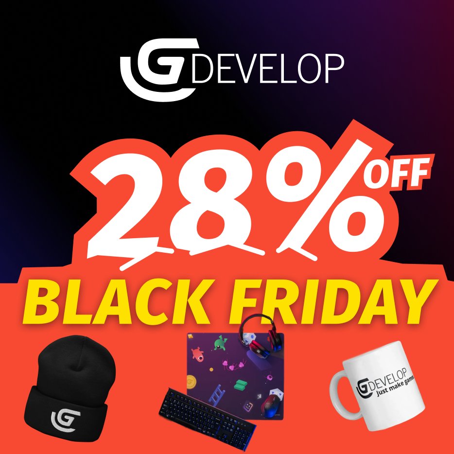 GDevelopApp's tweet image. 🛍️ Black Friday Deal!
Get 28% off ALL merch in the GDevelop store.
Offer ends 11/30, don’t miss it!

goodies.gdevelop.io

#GDevelop 3D &amp;amp; 2D game engine