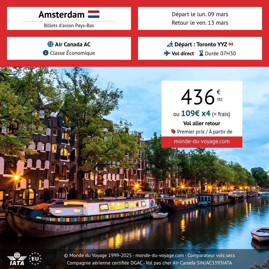 Monde_du_Voyage's tweet image. [FR] Envolez-vous avec Air Canada en vol direct Toronto-Amsterdam dès 436€ aller-retour en classe Éco 🇨🇦✈️ Découvrez les Pays-Bas facilement depuis le Canada ! #Voyage #Canada #Amsterdam monde-du-voyage.com/pays-bas/vol-a…