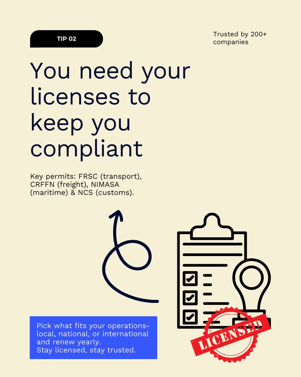 Venture_Reg's tweet image. Compliance isn&apos;t just words- it&apos;s necessary for smooth operations as a business looking to venture into the logistics industry.

From CAC incorporation to NIPOST licenses, FRSC permits, and CRFFN, we help you cover the essentials so you can avoid fines and penalties. 

Send us a…