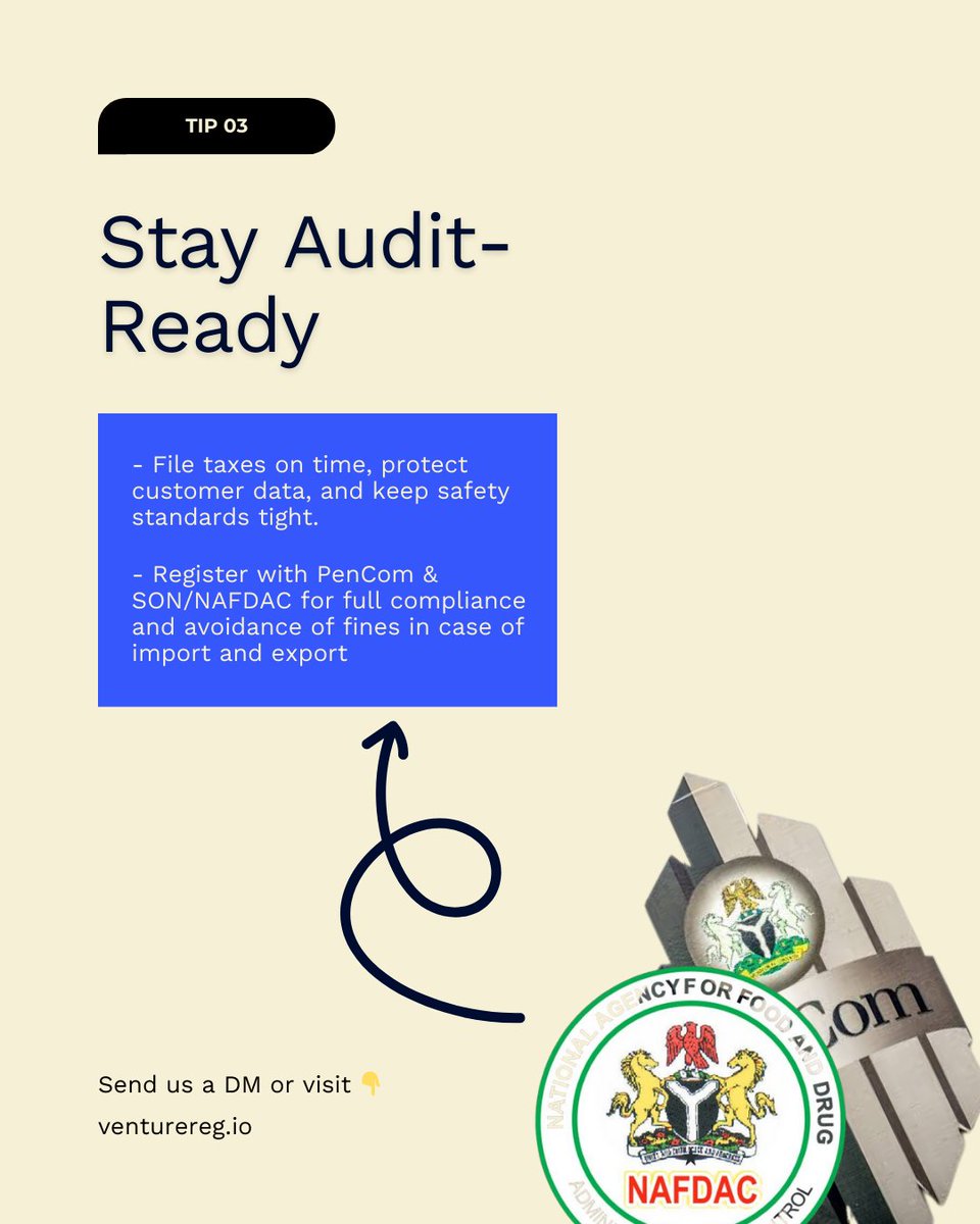 Venture_Reg's tweet image. Compliance isn&apos;t just words- it&apos;s necessary for smooth operations as a business looking to venture into the logistics industry.

From CAC incorporation to NIPOST licenses, FRSC permits, and CRFFN, we help you cover the essentials so you can avoid fines and penalties. 

Send us a…