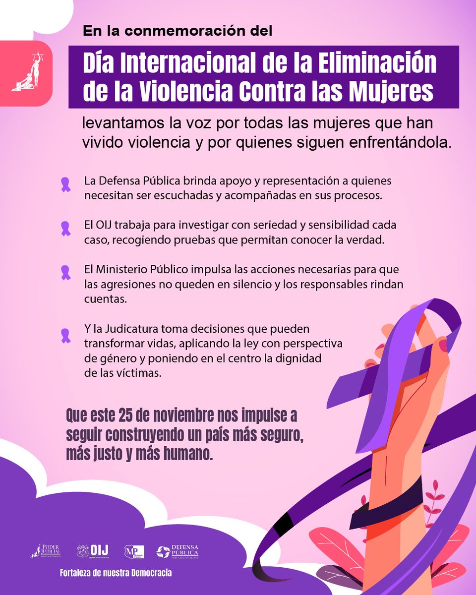 PoderJudicialCR's tweet image. En el Poder Judicial, cada persona y cada área desempeñan un papel fundamental para acompañar, proteger y garantizar justicia en la lucha por la erradicación de la violencia contra las mujeres. @oij_Organismo  @FiscaliaCR  #DiaInternacionalDeLaNoViolencia