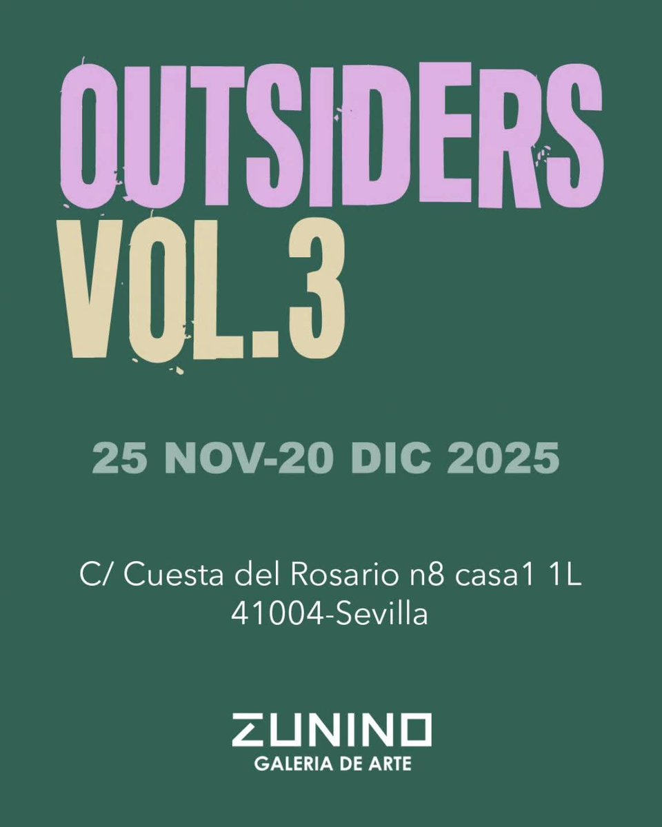 Muchísimas gracias y felicidades Galería Zunino   <a href="/galeriazunino/">Galería Zunino</a>                                         OUTSIDERS VOL.3 YA ESTÁ AQUÍ !!!!!!!!!!!!!
La tercera edición de nuestra convocatoria para artistas de Sevilla ya se puede visitar. Y es brutal ❤️