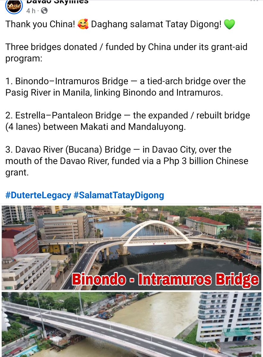 Gerbi_23's tweet photo. Tatak DUTERTE 
DUTERTE LEGACY
👊💚
Thank you China! 🥰 Daghang salamat Tatay Digong! 💚

Three bridges donated / funded by China under its grant-aid program: https://t.co/mU1aLVFmuH