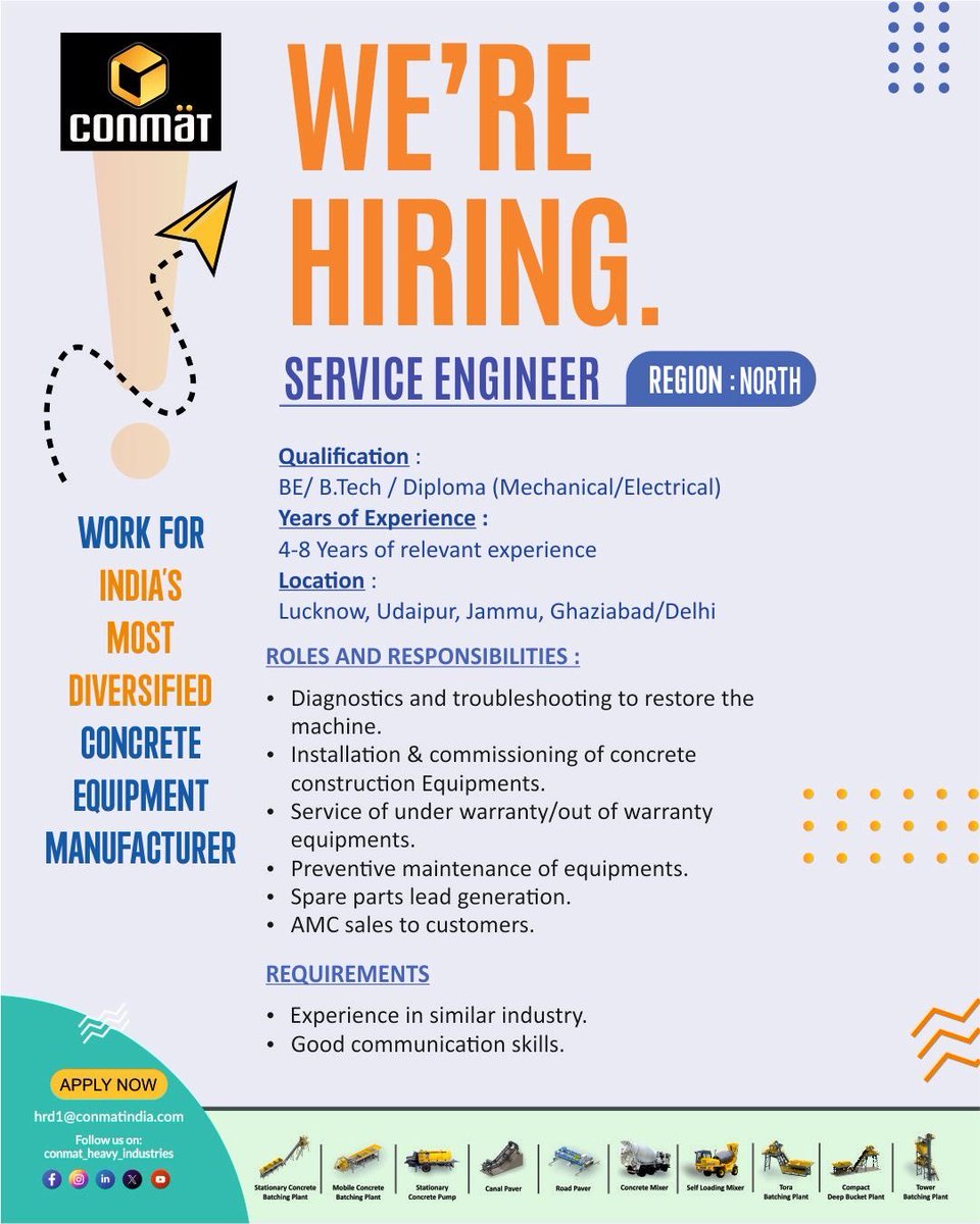 ConmatGroup's tweet image. We’re Hiring! | Service Engineer | North Region

Join the dynamic team at Conmat – a leading name in the construction equipment industry. We’re looking for a qualified Service Engineer with 4-8 years of experience to be part of our growing organization.