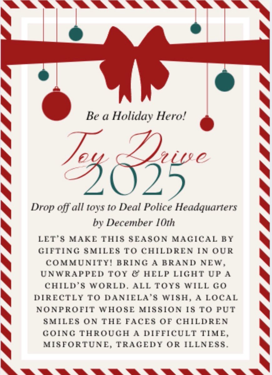 If you would like to help drop off an unwrapped toy at Deal PD between now and 12-15. Thank you and stay safe.