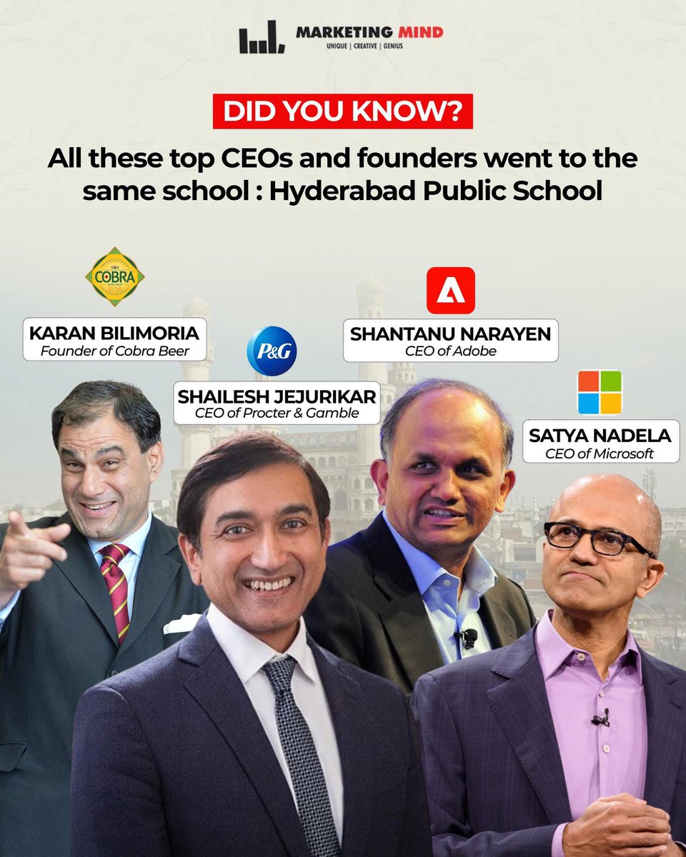 MarketingMind_'s tweet image. One school. Multiple global CEOs. Hyderabad Public School’s alumni list is unbelievable.

#MarketingMind #CEOs #Companies