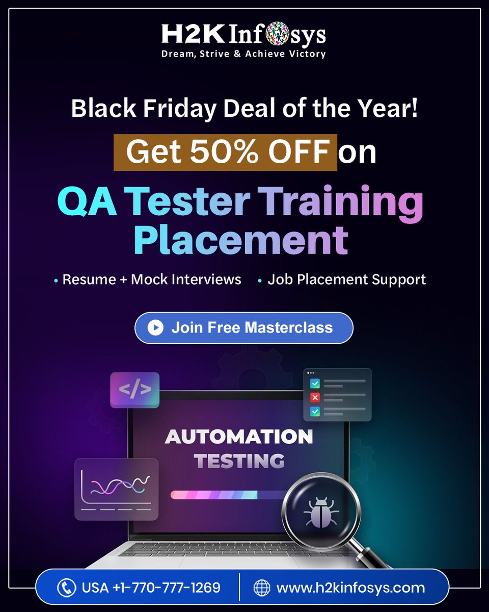 h2kinfosys's tweet image. Black Friday 50% OFF! Upgrade your career with QA Tester Training &amp;amp; Placement
Enroll Now : h2kinfosys.com/courses/qa-onl…
📞 +1 770-777-1269 | 📧 training@h2kinfosys.com
👉about H2kinfosys In One Click: h2kinfosys.com/quick-links/
#BlackFriday #BlackFridaySale #QATraining #QATester