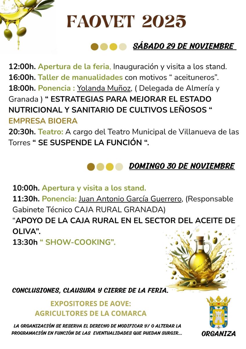 Desde el GDR Comarca de Guadix invitamos a toda la ciudadanía a participar en FAOVET 2025, la VI Feria del Aceite de Oliva Virgen Extra Temprano, que se celebrará en Villanueva de las Torres (Salón Gerión) los días 29 y 30 de noviembre de 2025.