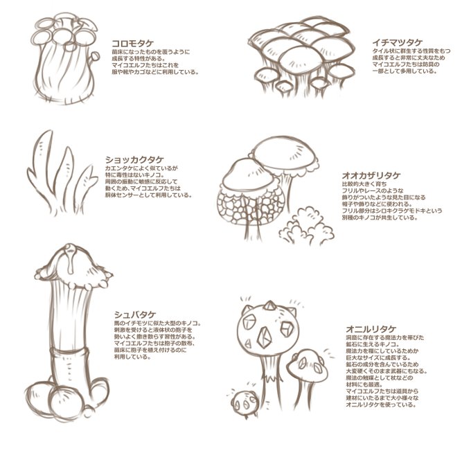 ぱぱっとマイコエルフ族が利用しているキノコの設定を描いてみた!これらを魔法で共棲させて服や装備にしているのだ。