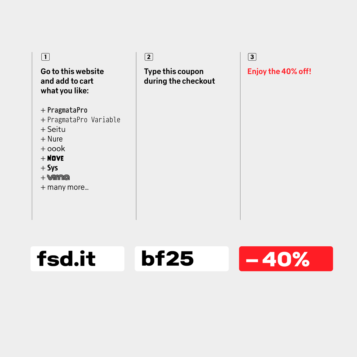 Black Friday at fsd.it! 
#fonts, 
#variablefonts, 
#icons, 
#emoji, 
#playingcards, 
#stencils 
all 40% off 
only 2025-11-28

fsd.it/shop/