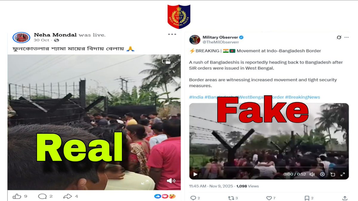 WBPolice's tweet image. A video/pic of immersion of Idol/Image of goddess Shyama/Kali  of  Village-Phunkotala (located near Bangladesh Border), PS- Murutia, District -Nadia, West Bengal in Mathabhanga river is being circulated as illegal immigrants leaving the state en masse due to SIR. This is FAKE and…